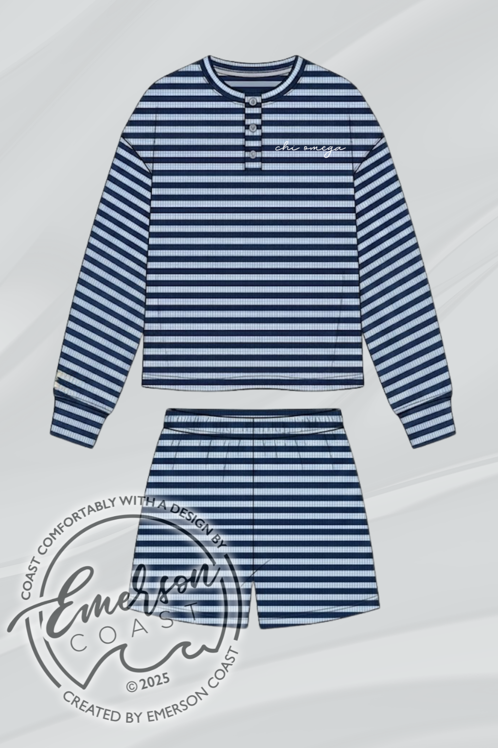 Chi Omega Navy Striped Long Sleeve Henley Set