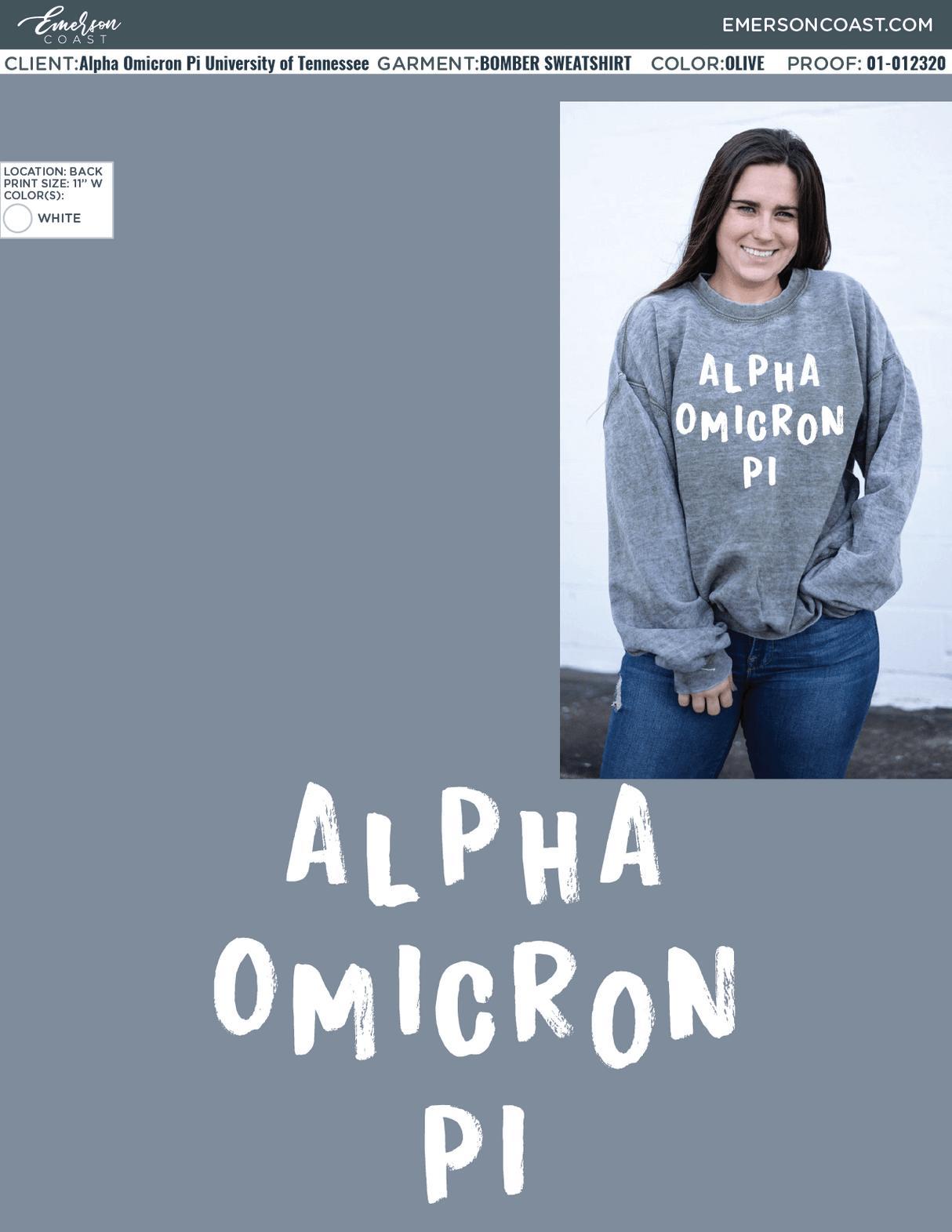 01-012320 Alpha Omicron Pi University of Tennessee Martin Bomber Sweatshirts 2020-01
