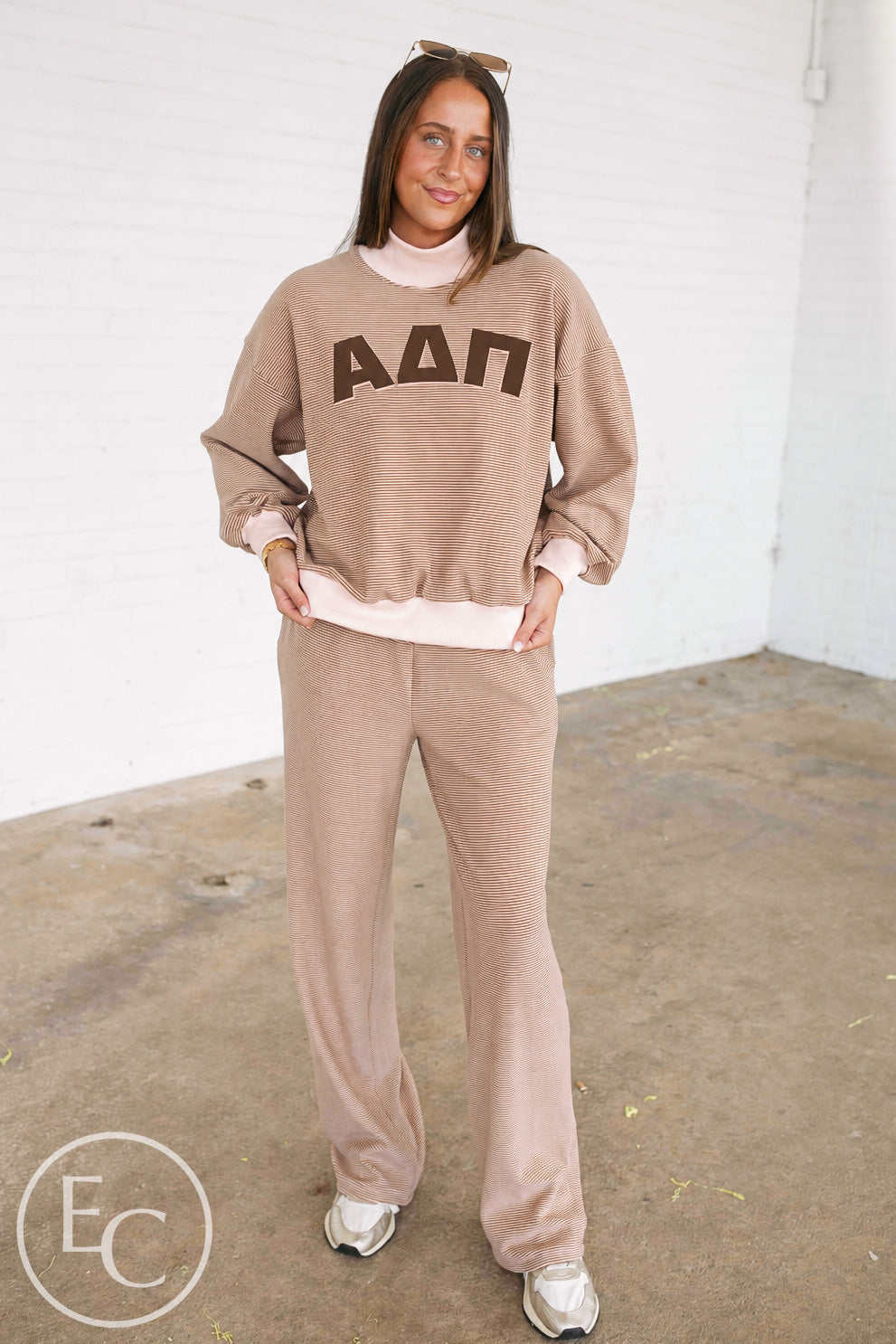 Alpha Delta Pi Light Pink and Brown Striped Mockneck Sets