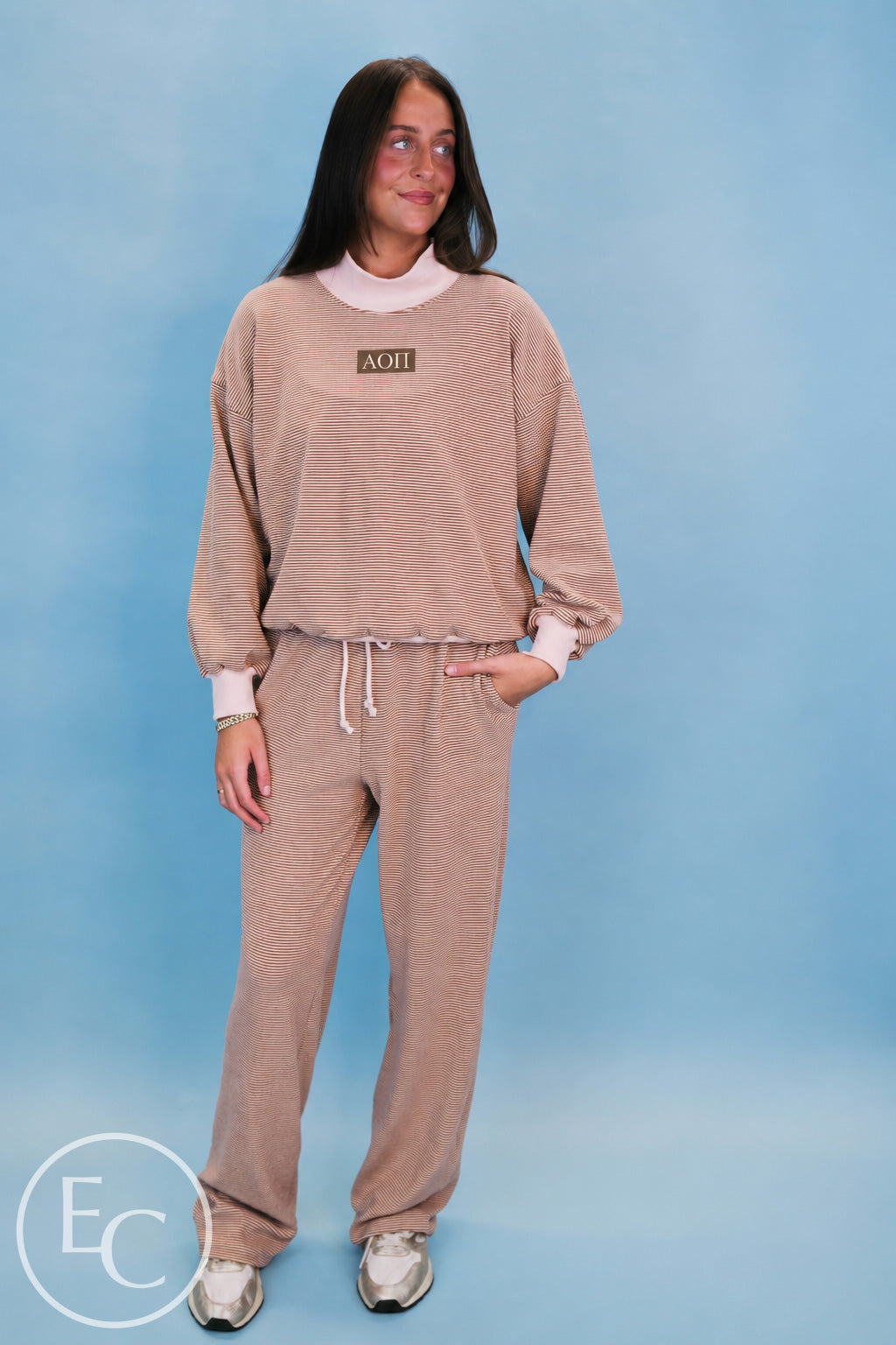 Alpha Omicron Pi Light Pink and Brown Striped Mockneck Sets