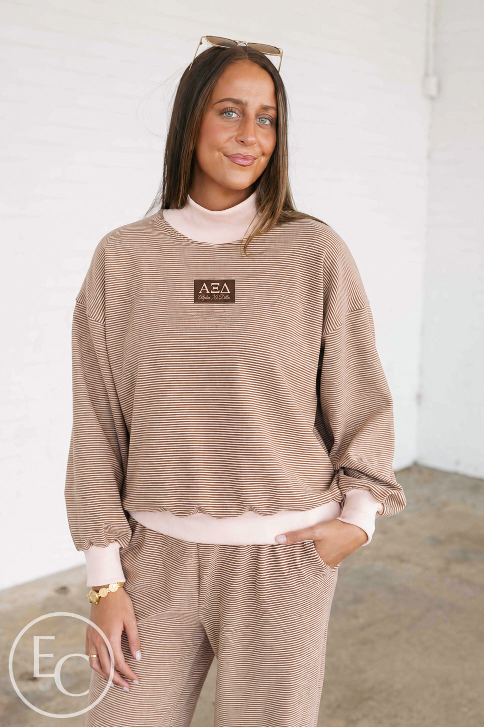 Alpha Xi Delta Light Pink and Brown Striped Mockneck Sets