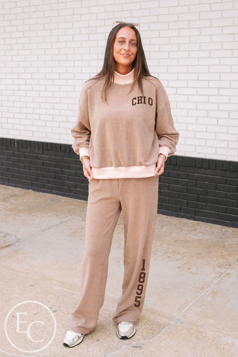 Chi Omega Light Pink and Brown Striped Mockneck Sets