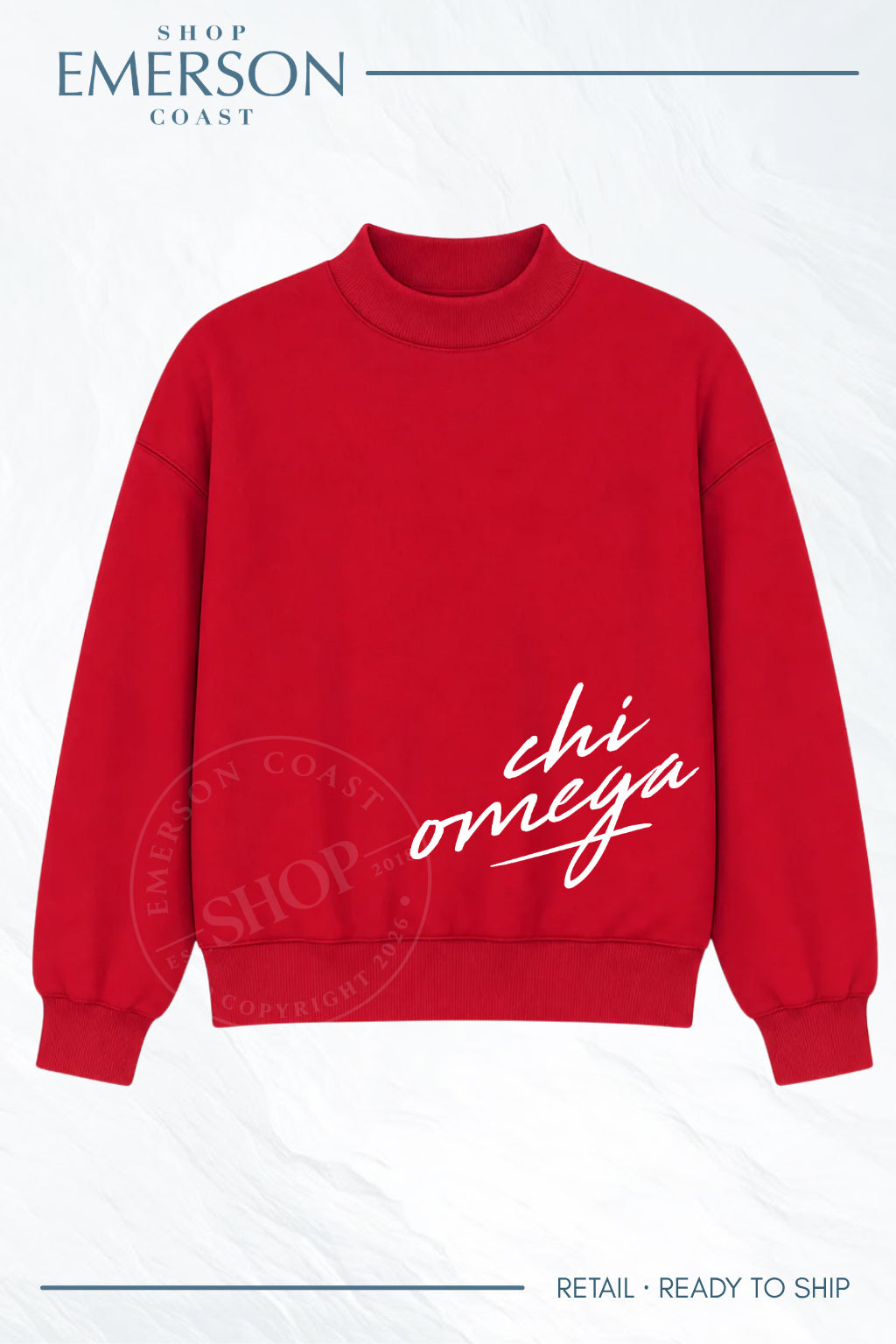 Chi Omega Red Script Raw Seam Mockneck