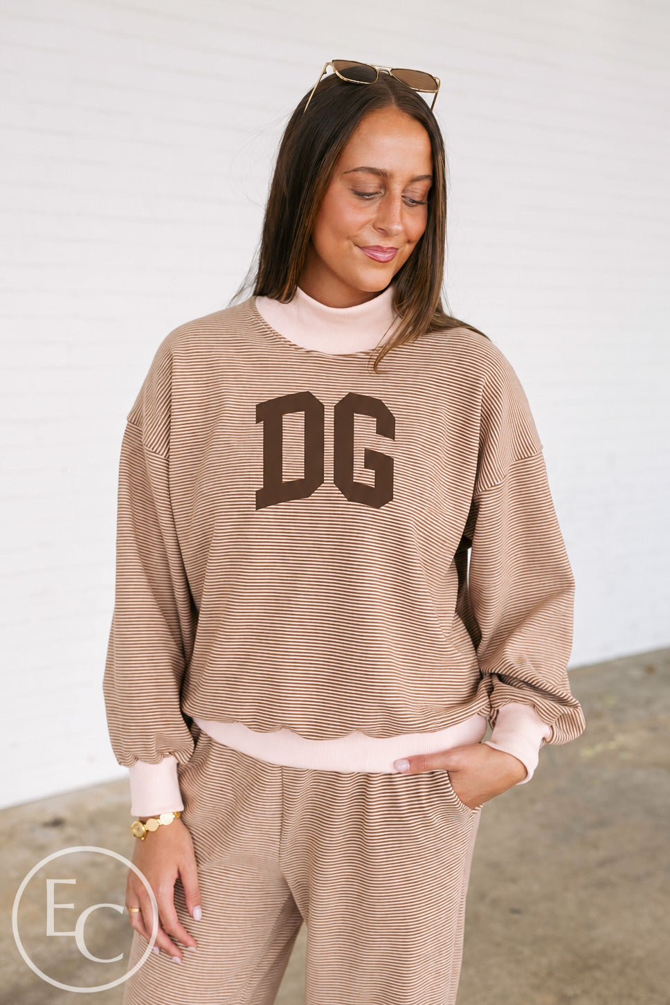 Delta Gamma Light Pink and Brown Striped Mockneck Sets