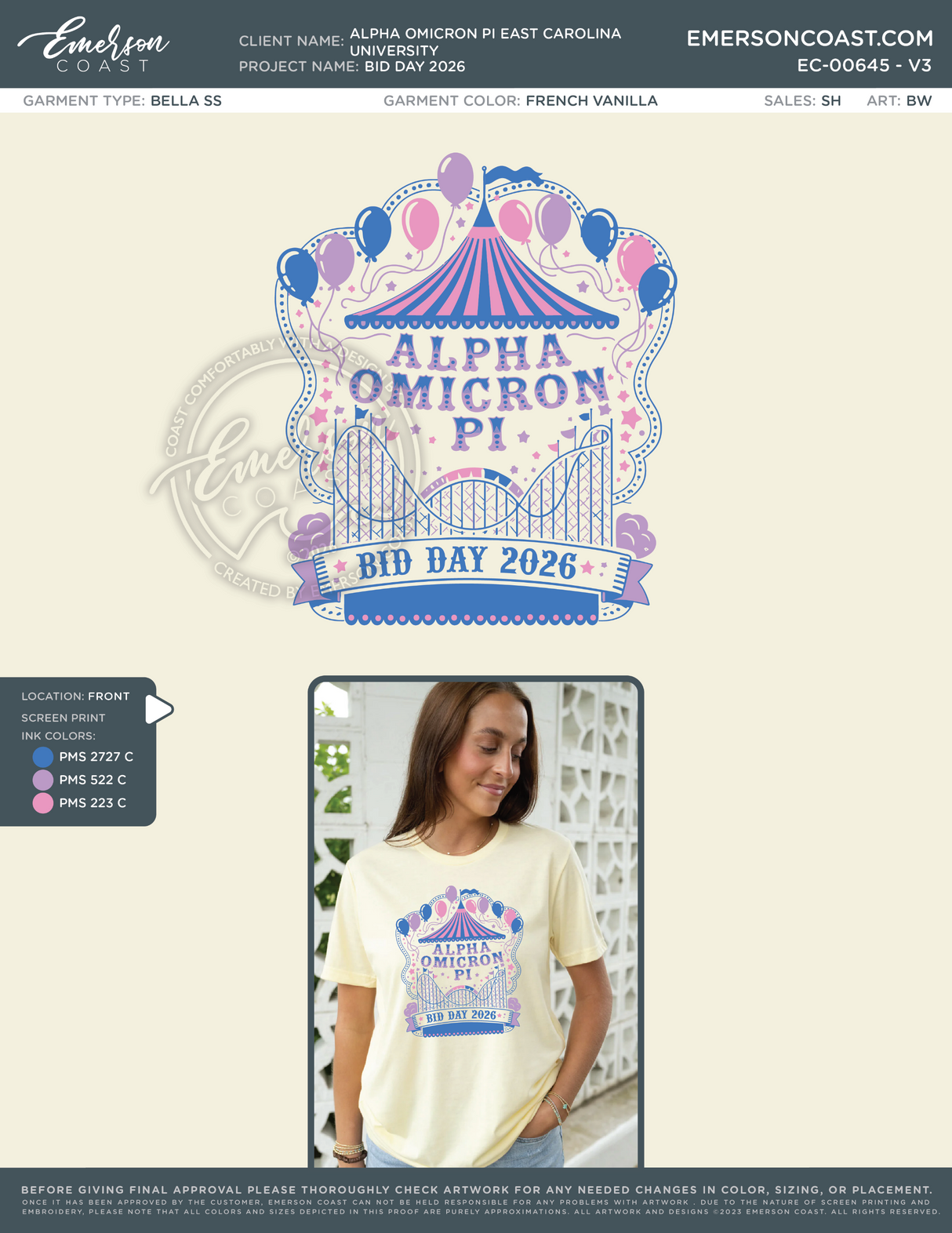 EC-00645 Alpha Omicron Pi East Carolina University Bid Day 2026-BD - for heather french vanilla shirt only