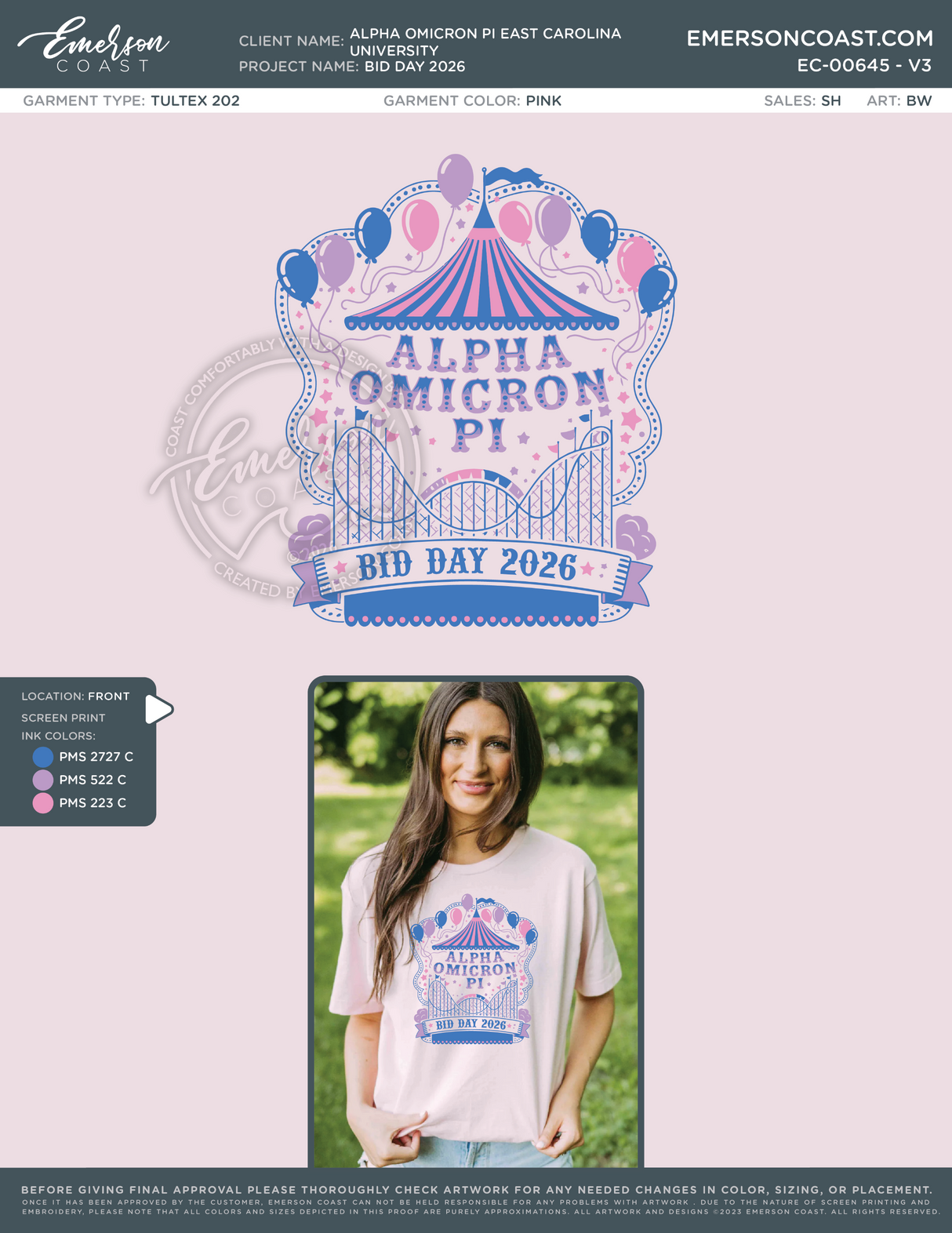 EC-00645 Alpha Omicron Pi East Carolina University Bid Day 2026-BD - for pink shirt only