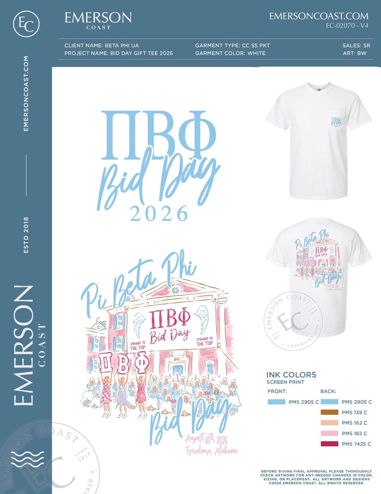 EC-02070 NEW NEW Pi Beta Phi University of Alabama Bid Day Gift Tee 2026-BD