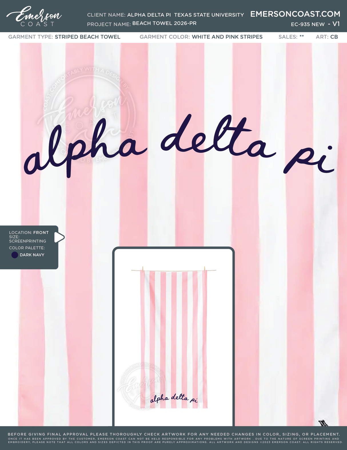 EC-935 NEW Alpha Delta Pi Texas State University Beach Towel 2026-PR
