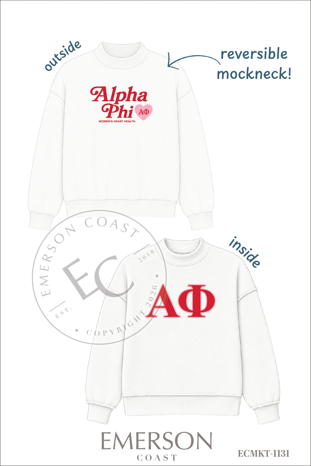 Alpha Phi Heart Philanthropy White Reversible Mockneck