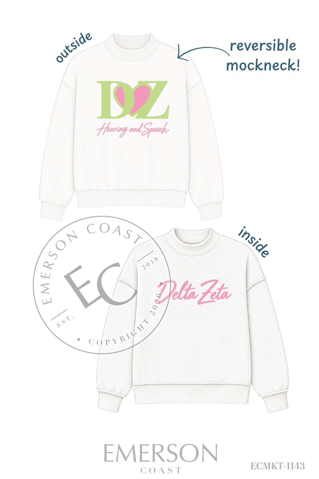 Delta Zeta Heart White Reversible Mockneck
