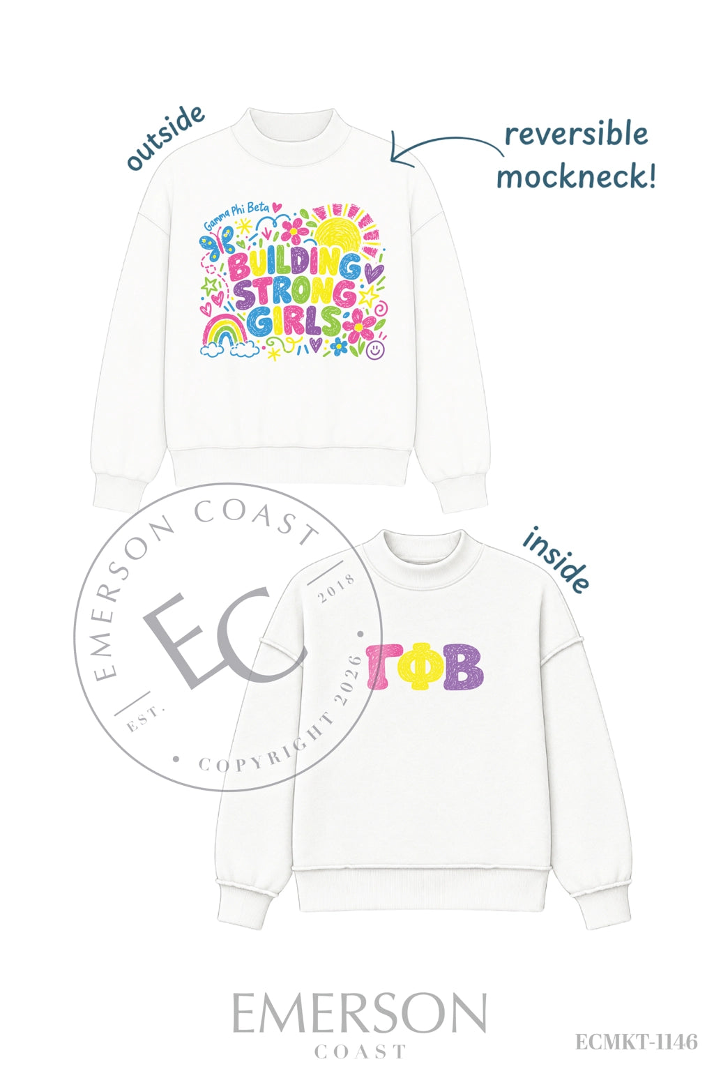 Gamma Phi Beta Colorful Philanthropy White Reversible Mockneck