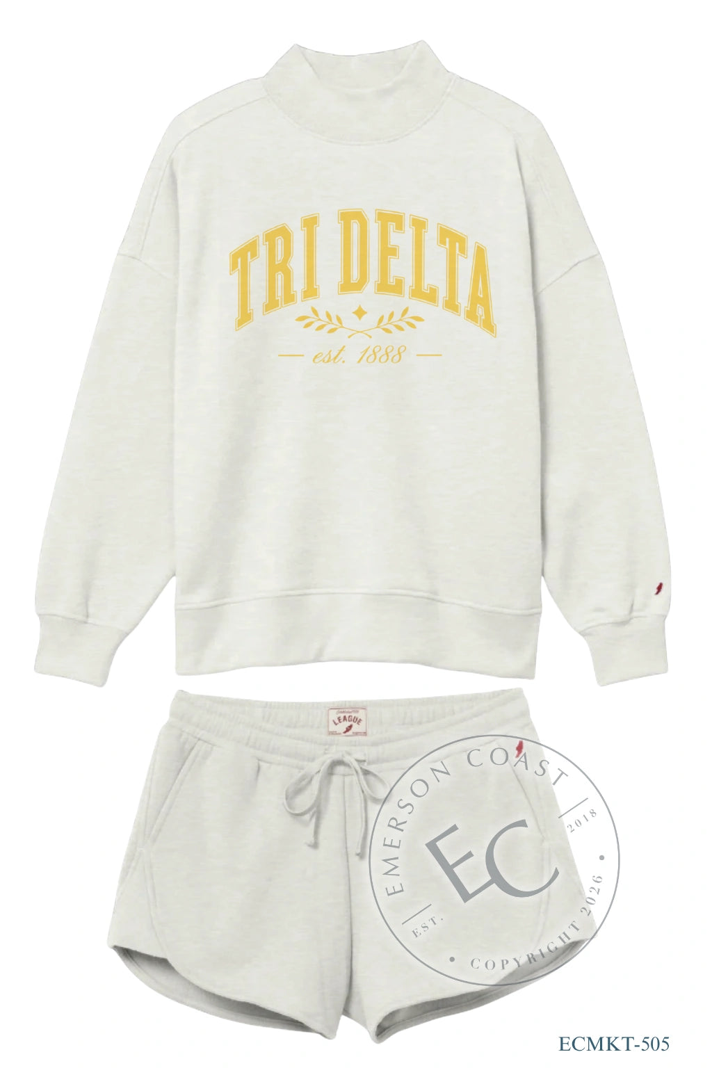 Tri Delta Arch Lettered Year Script Yellow & Blue Mockneck