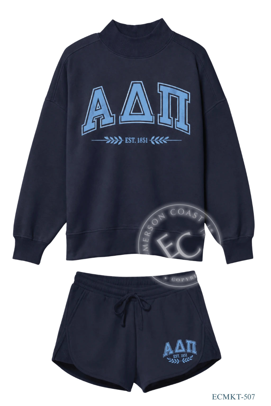 Alpha Delta Pi Greek Letters/year Navy Mockneck Set