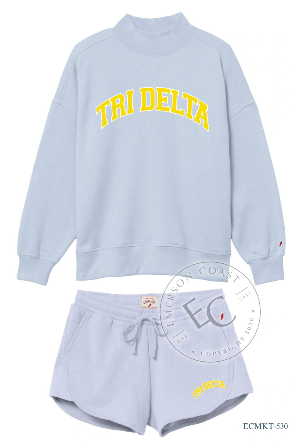 Tri Delta Light Blue Mockneck Yellow Script Font