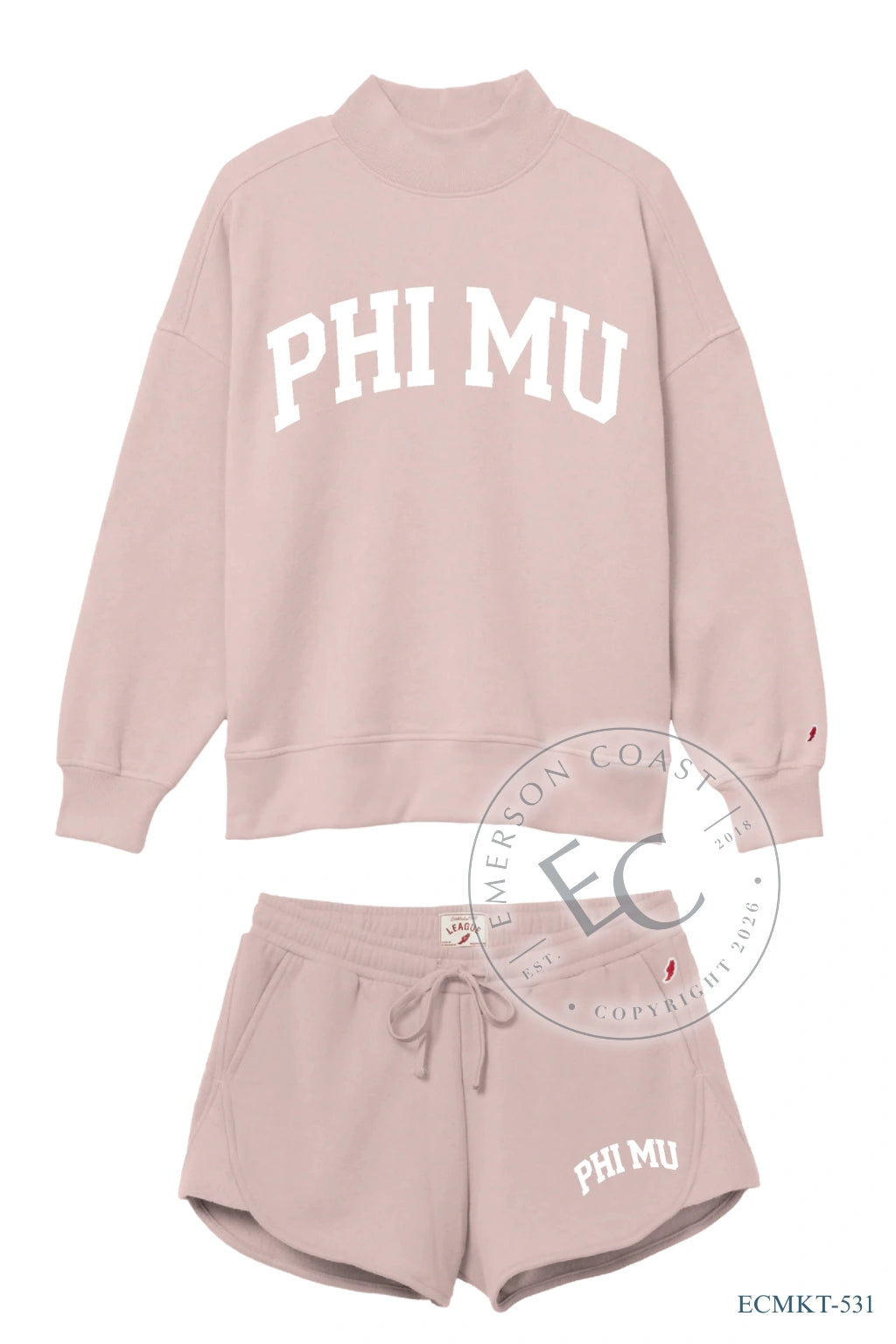 Phi Mu Pink Mockneck White Varsity Font