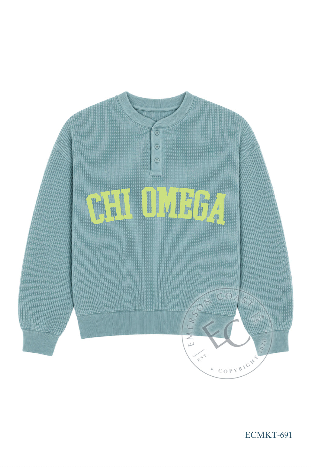 Chi Omega Teal Waffle Knit Henley