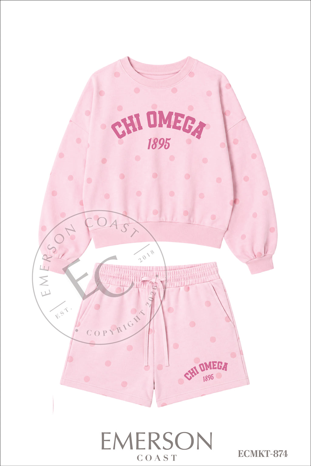 Chi Omega Dark Pink Varsity And Year Polka Dot Set