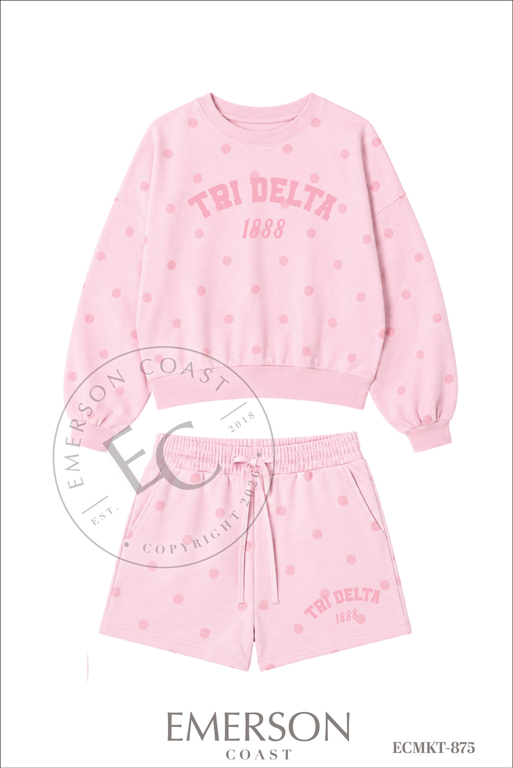 Tri Delta Light Pink Varsity And Year Polka Dot Set