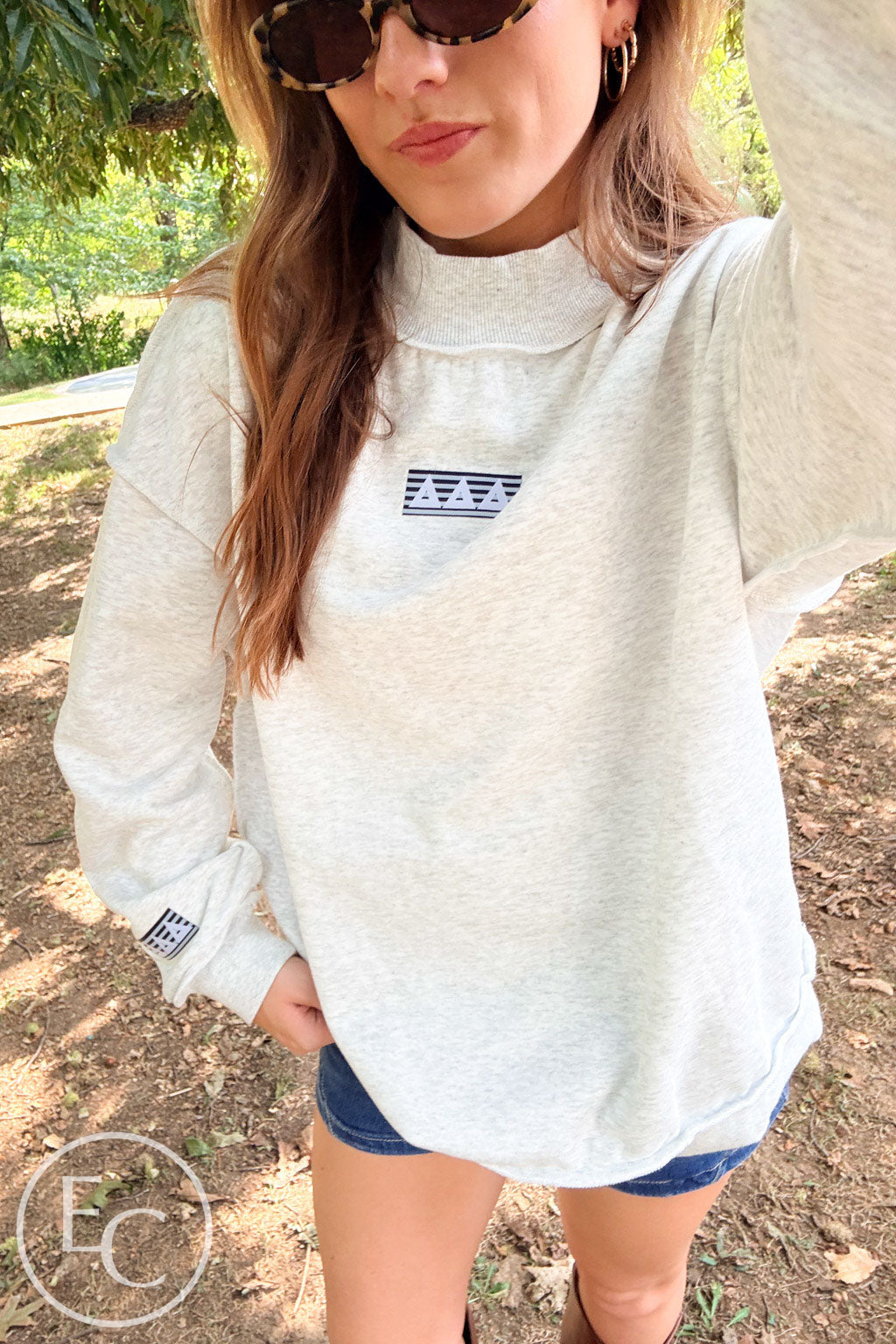 Tri Delta Striped Patch Light Gray Mockneck