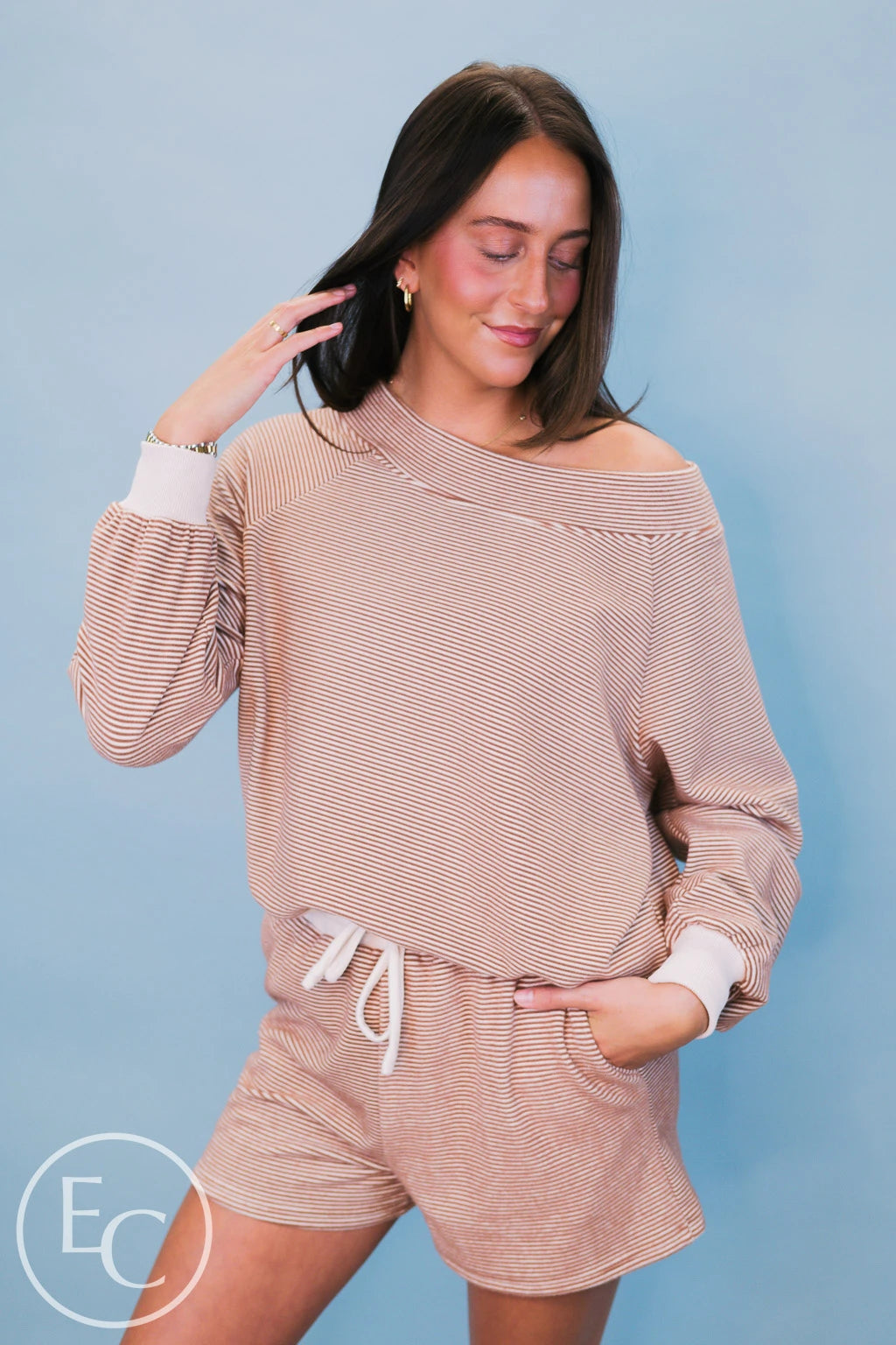 Emerson Coast Tan/Cream Striped Off The Shoulder Sweatshirt and Shorts Set
