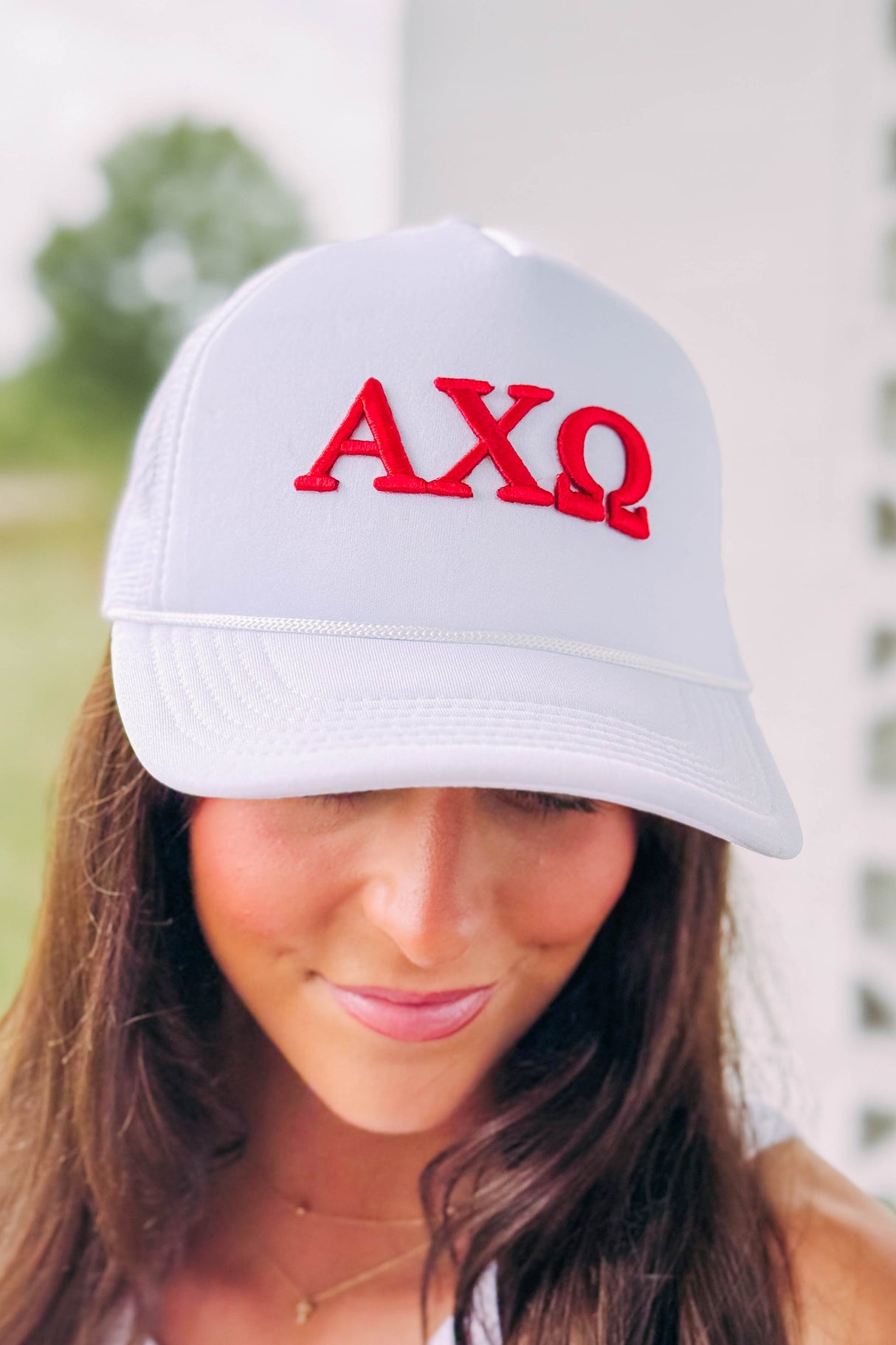 Alpha Chi Omega Red Puff Embroidered Trucker Hats