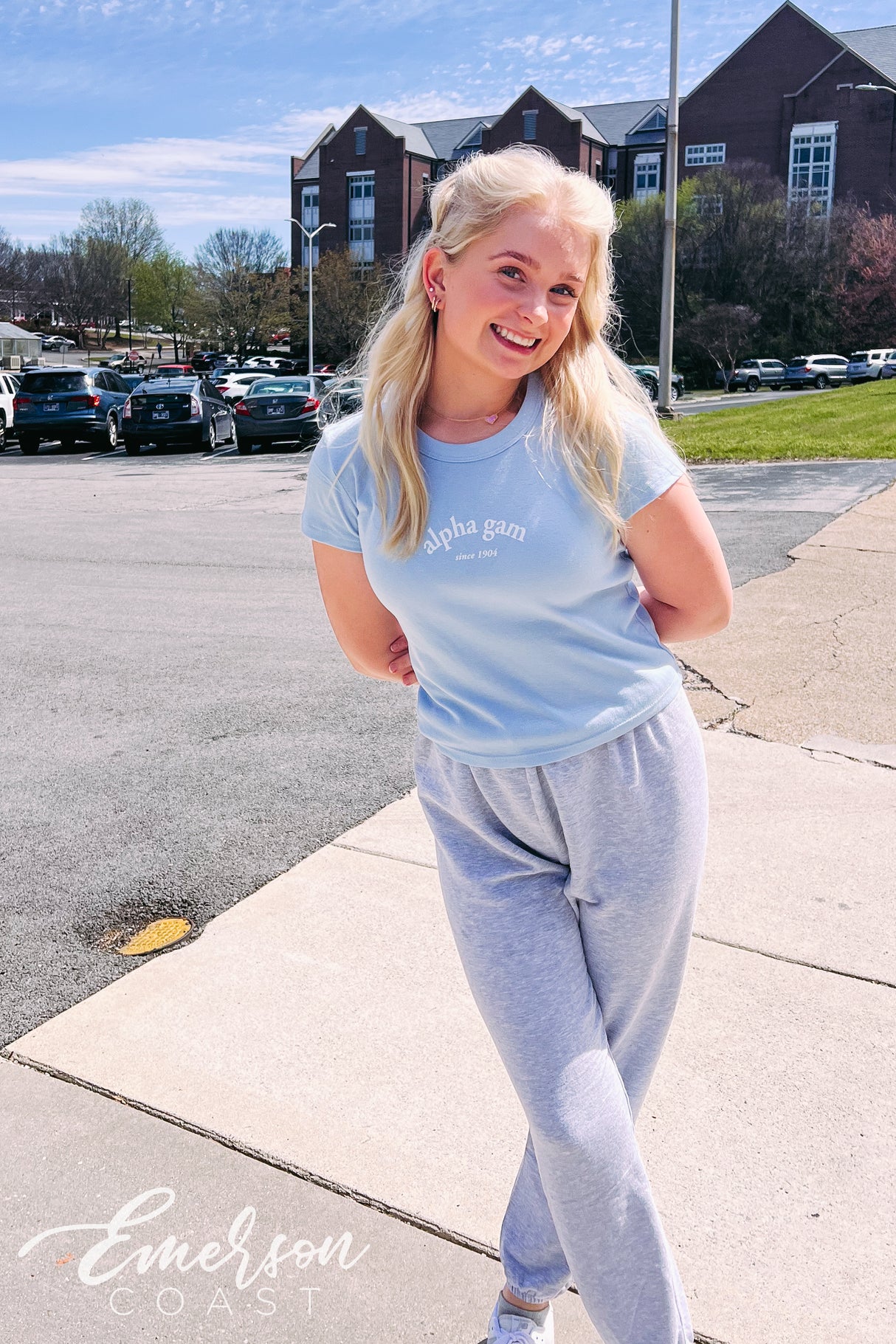 Alpha Gam Light Blue Baby Tee