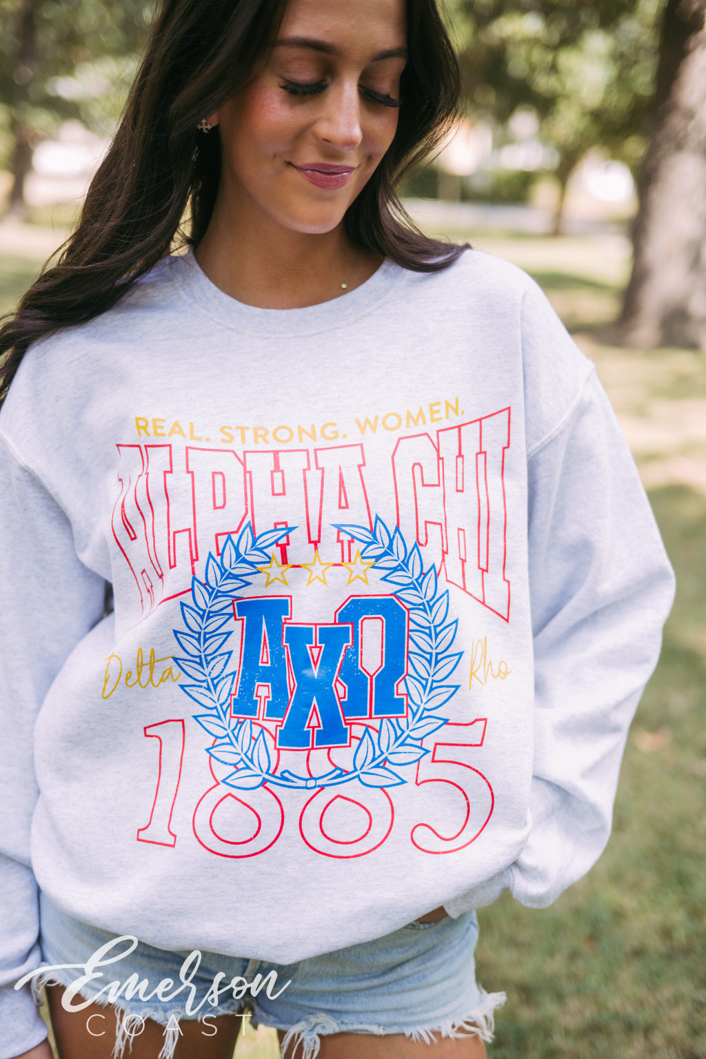 Alpha Chi Real Strong Women Ash Gray Crewneck