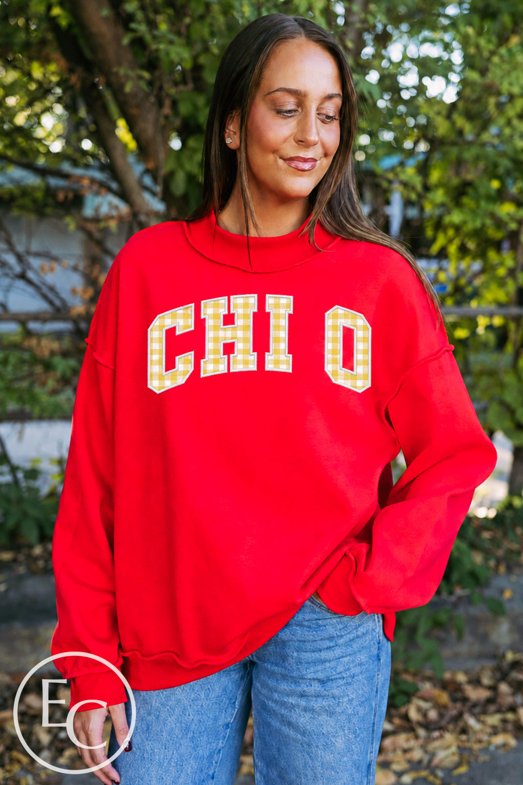 Chi Omega Yellow Gingham Applique Red Mockneck