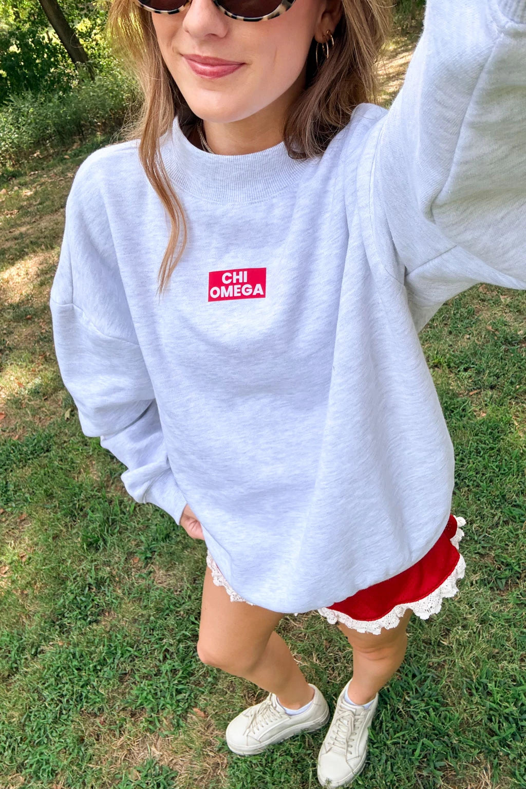 Chi Omega Red Patch Mockneck