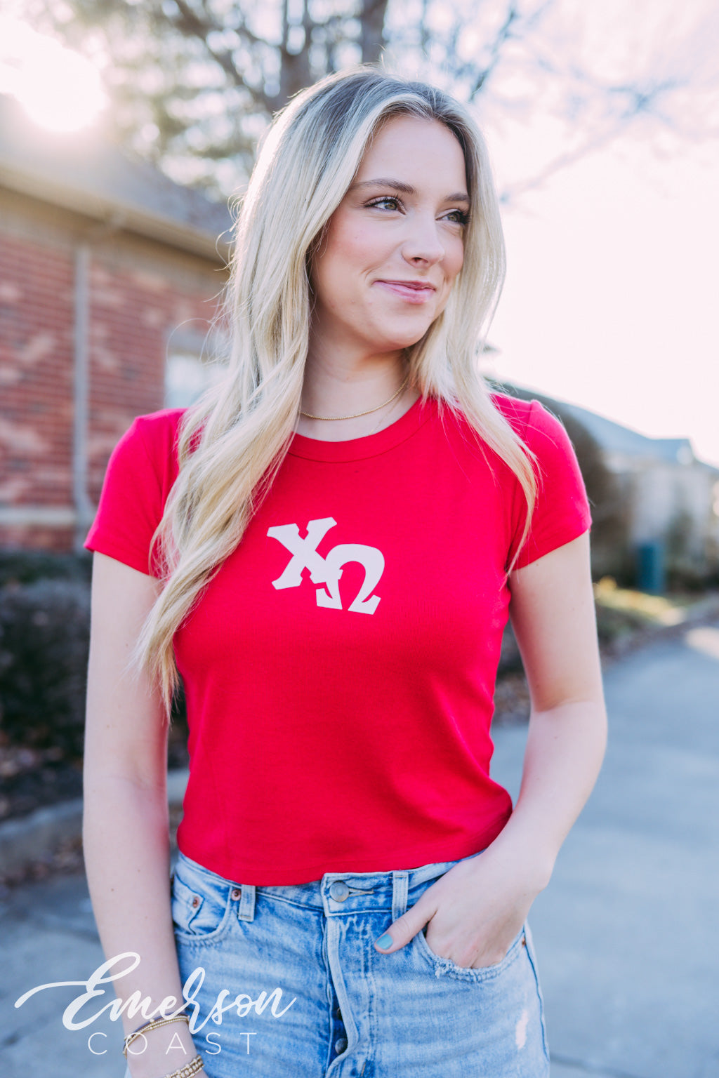Chi Omega Red Letter Baby Tee