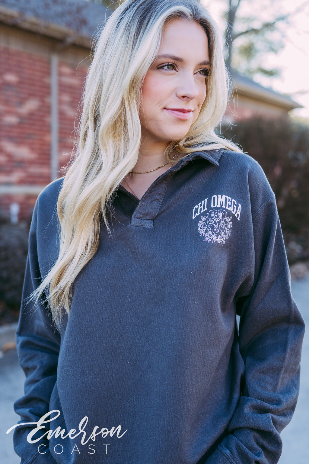 Chi O Crest Collared Crew