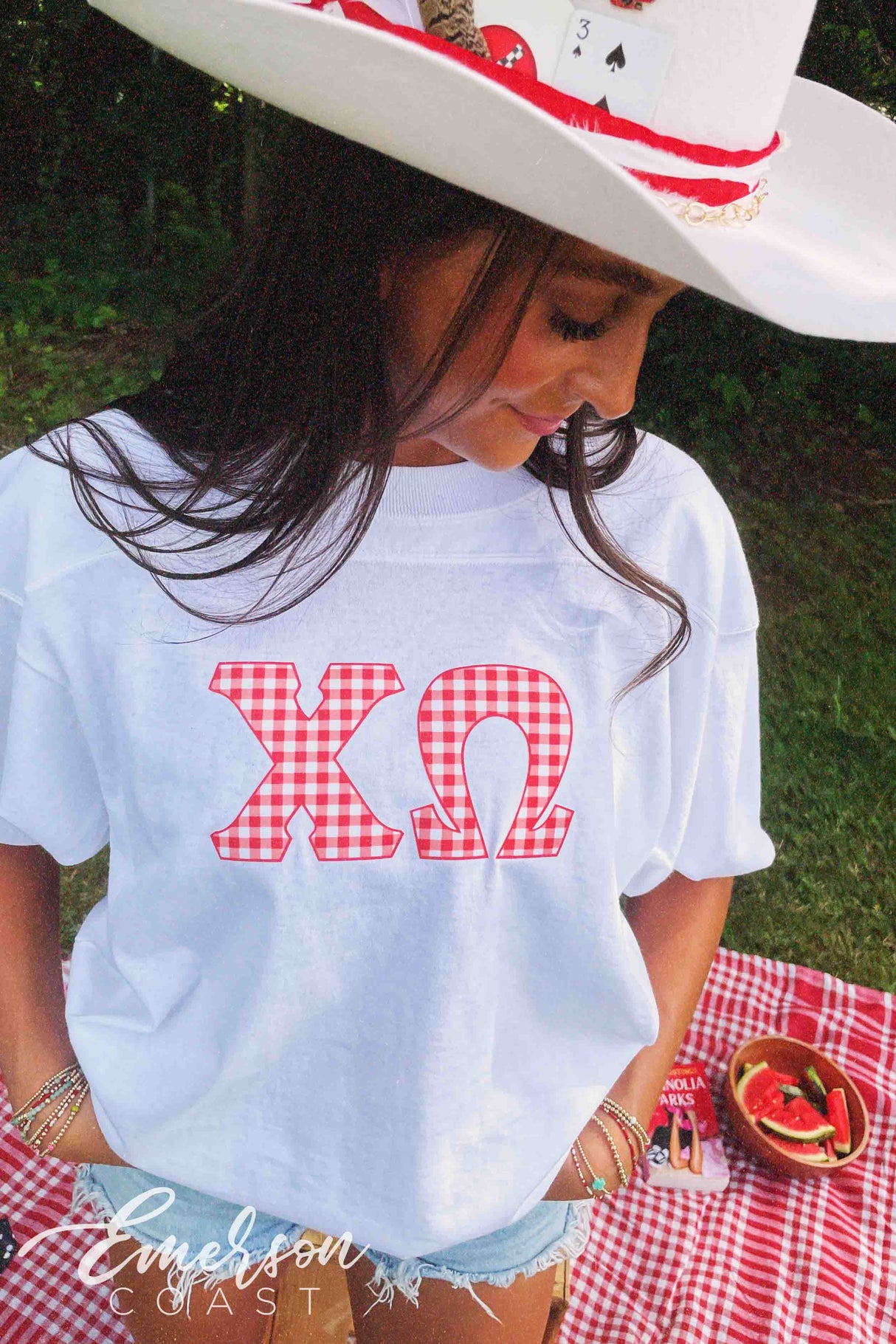 Chi O Gingham Print Letter Jersey