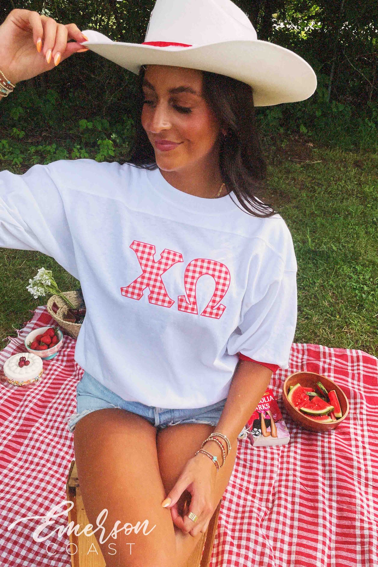 Chi O Gingham Print Letter Jersey