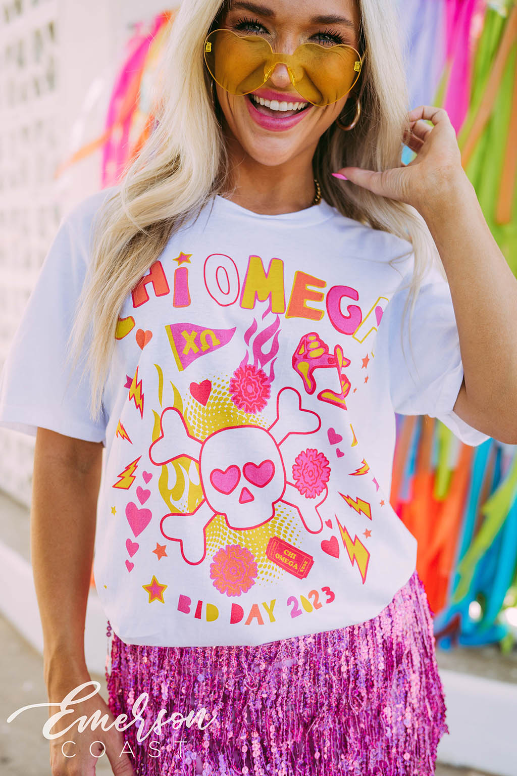 Chi Omega Colorful Skull and Crossbones Bid Day Tee