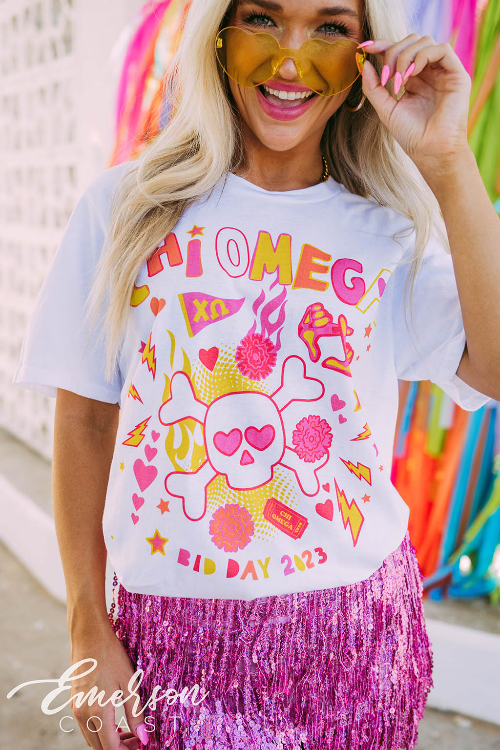 Chi Omega Colorful Skull and Crossbones Bid Day Tee