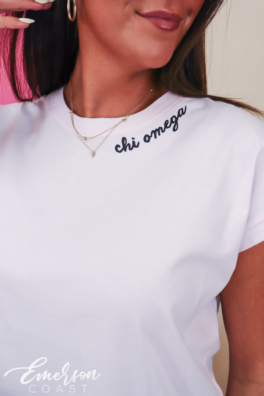 Chi Omega Light Pink Rolled Cuff Tee With Hem Tag