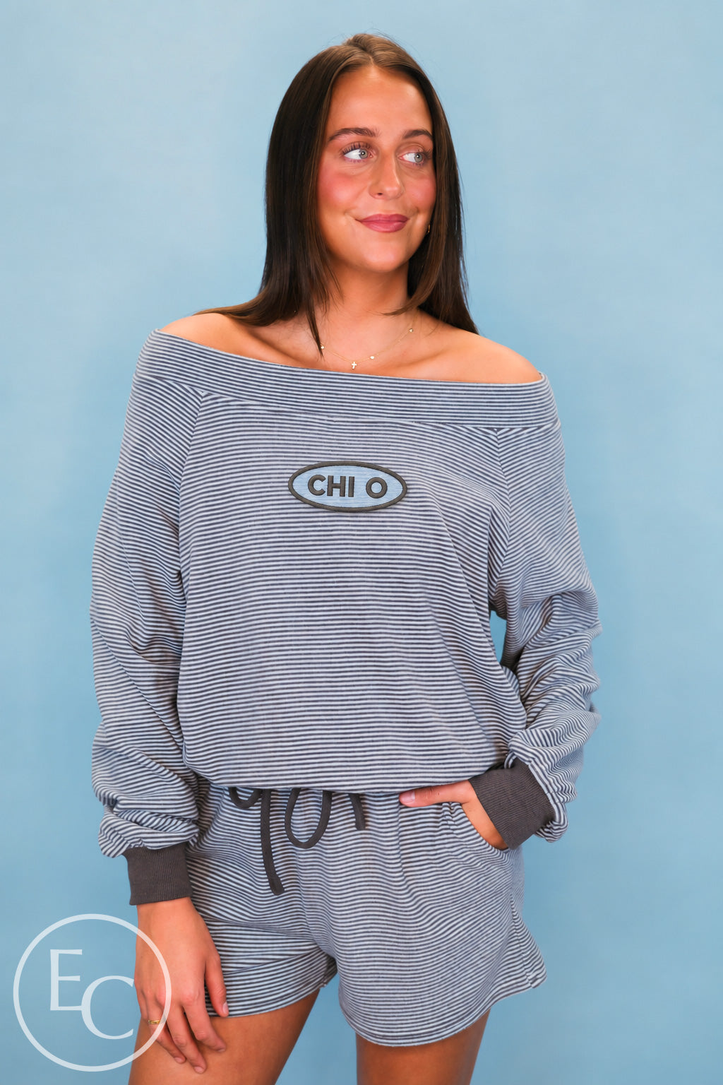 Chi Omega Patch Striped Off The Shoulder Set