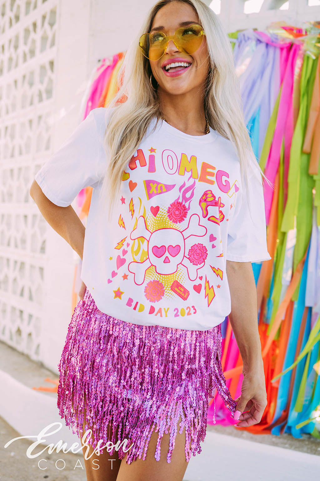 Chi Omega Colorful Skull and Crossbones Bid Day Tee