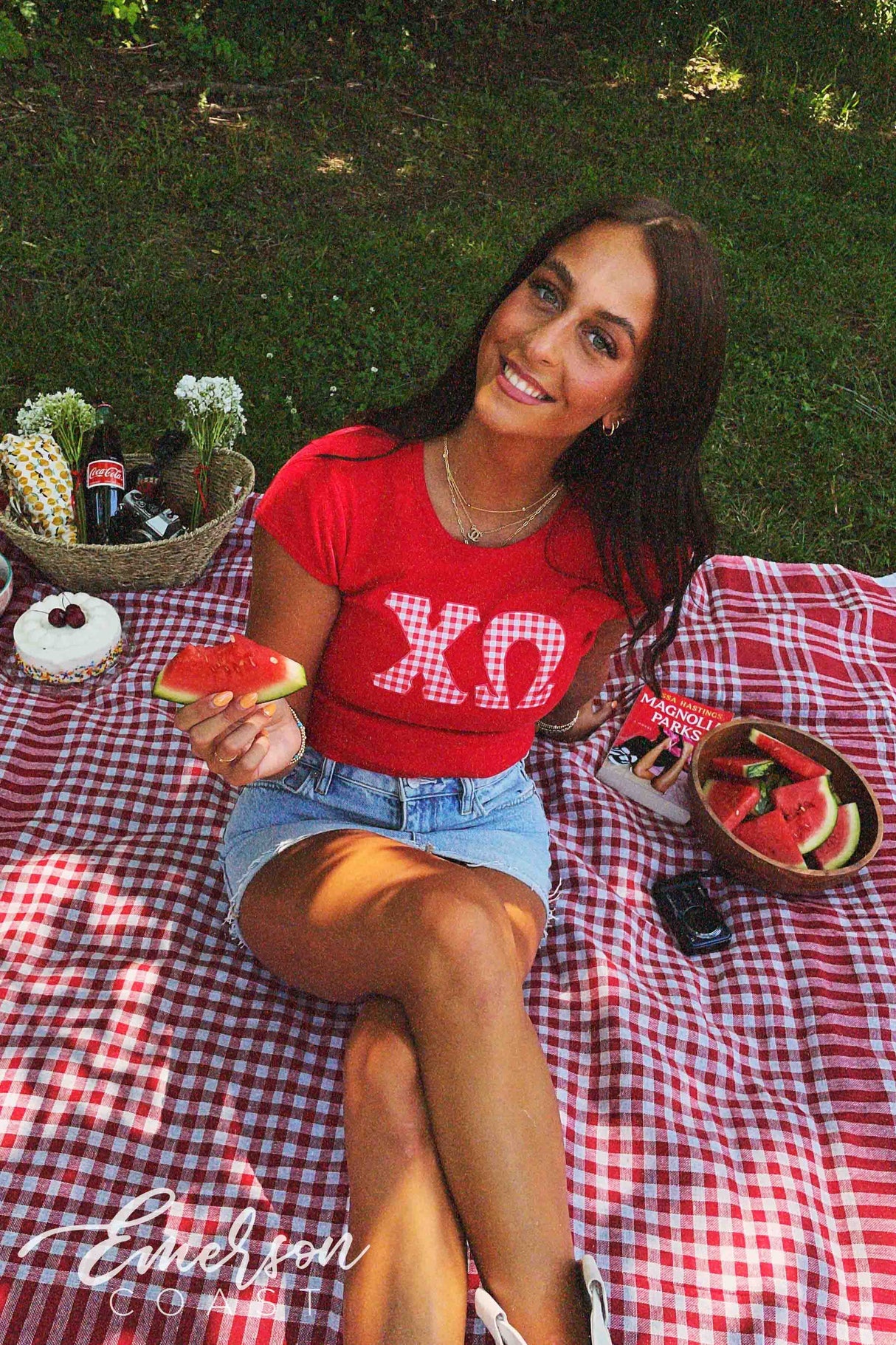Chi O Red Gingham Letter Baby Tee