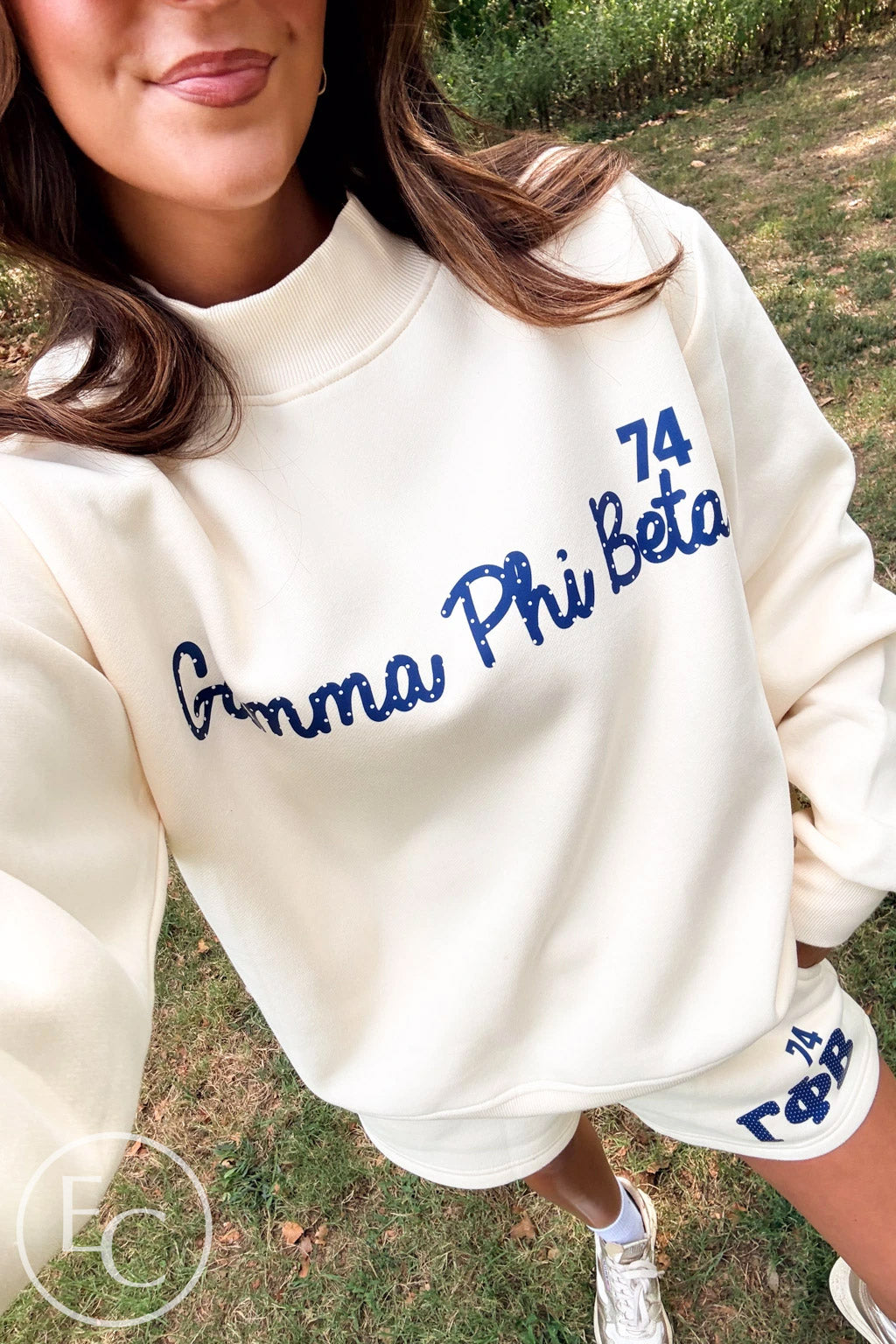 Gamma Phi Beta Cream Polka Dot Mockneck & Shorts Set