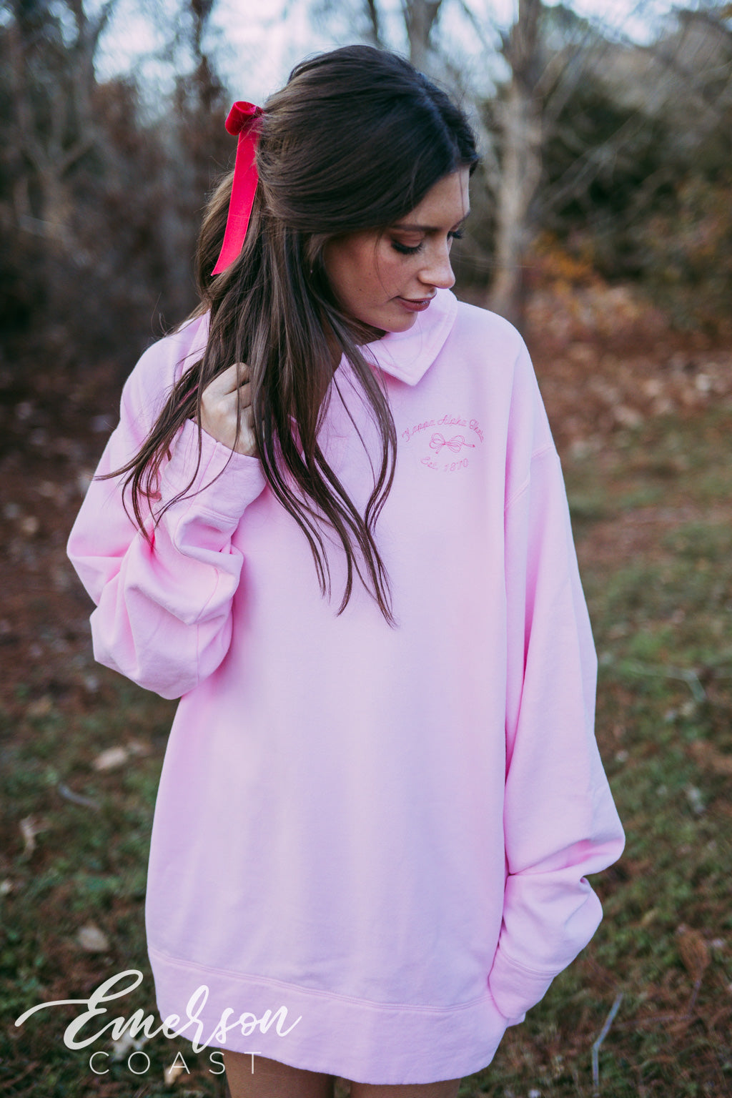 Theta Pink Bow Oversized Collared Crew