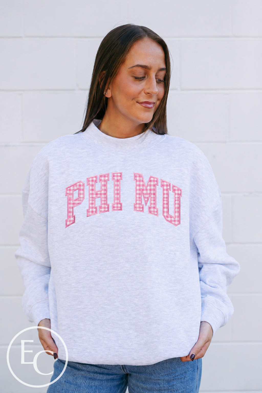 Phi Mu Pink Gingham Mockneck