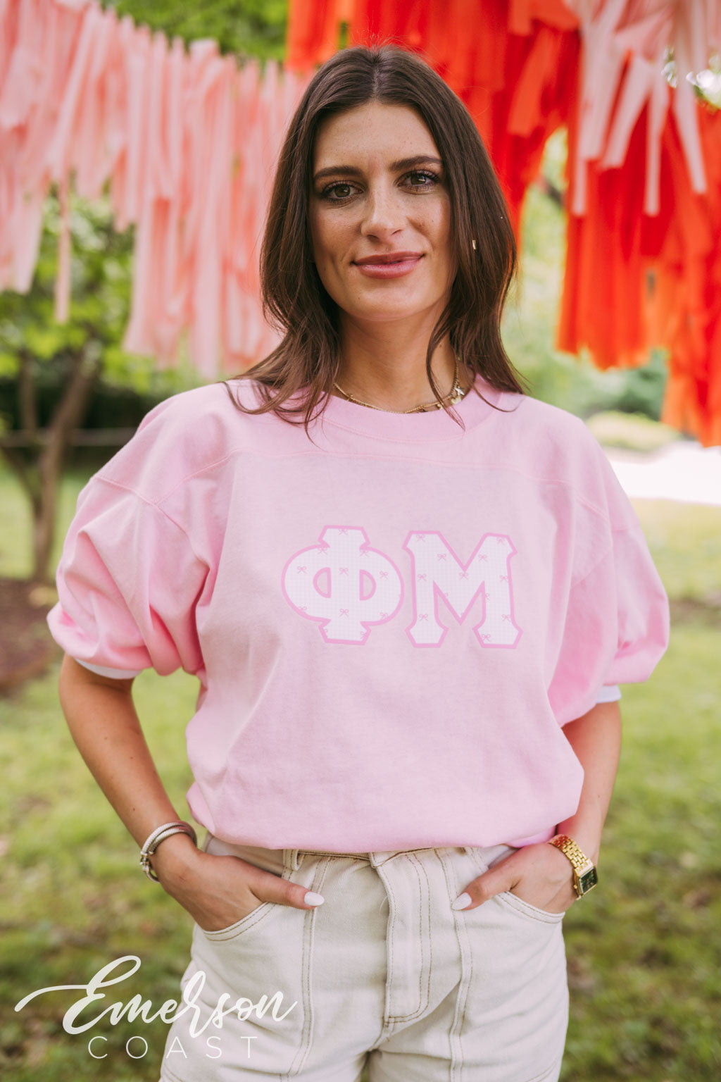 Phi Mu Pink Bow Gingham Letter Jersey