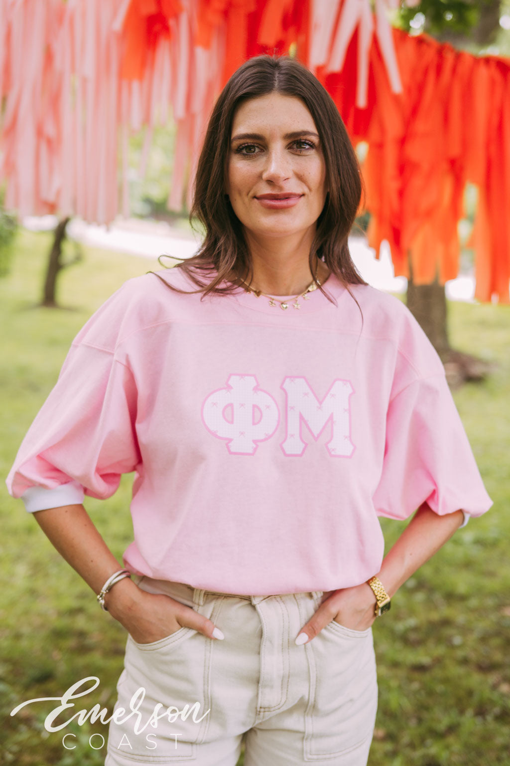 Phi Mu Pink Bow Gingham Letter Jersey