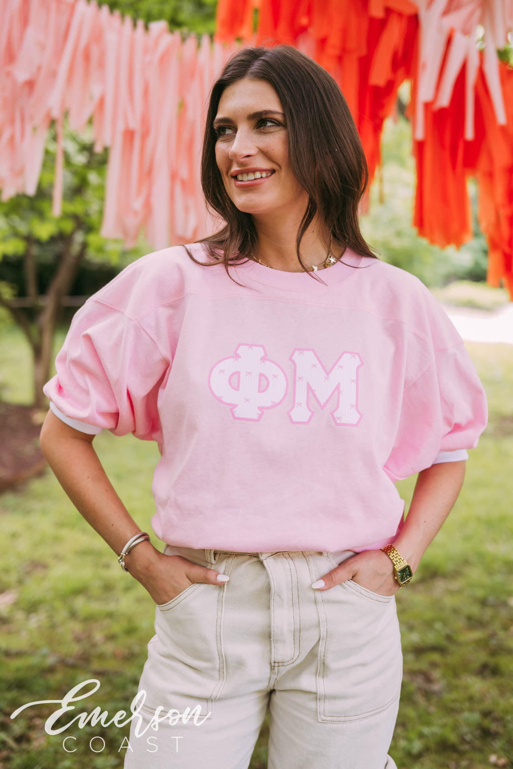 Phi Mu Pink Bow Gingham Letter Jersey