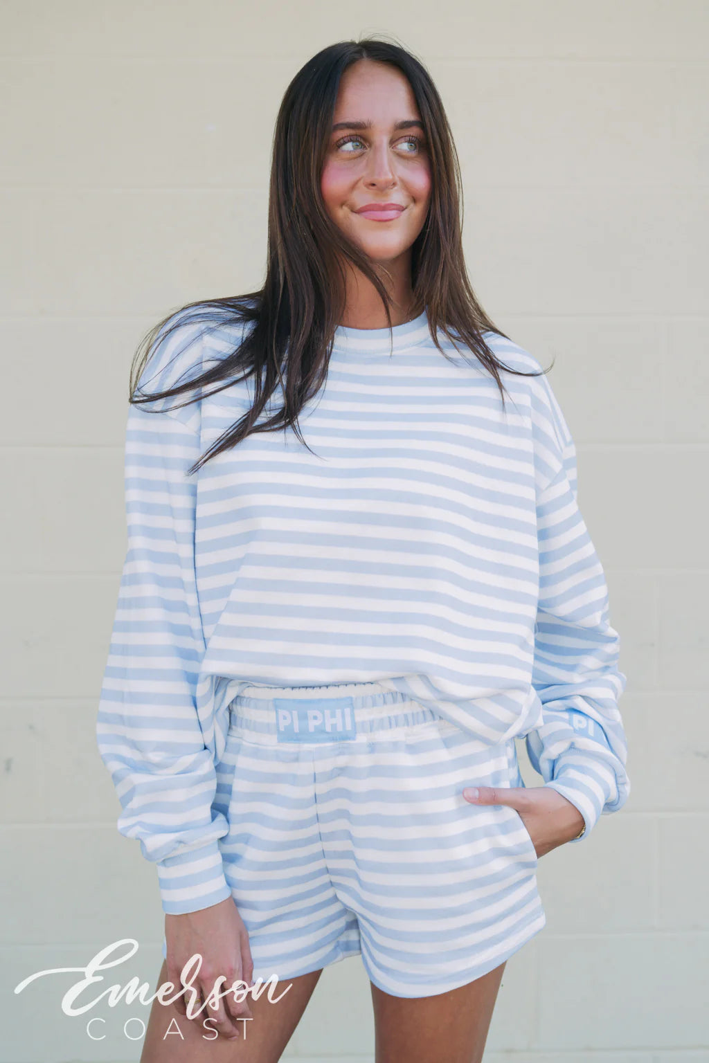 Pi Beta Phi Light Blue Striped Patch Crewneck
