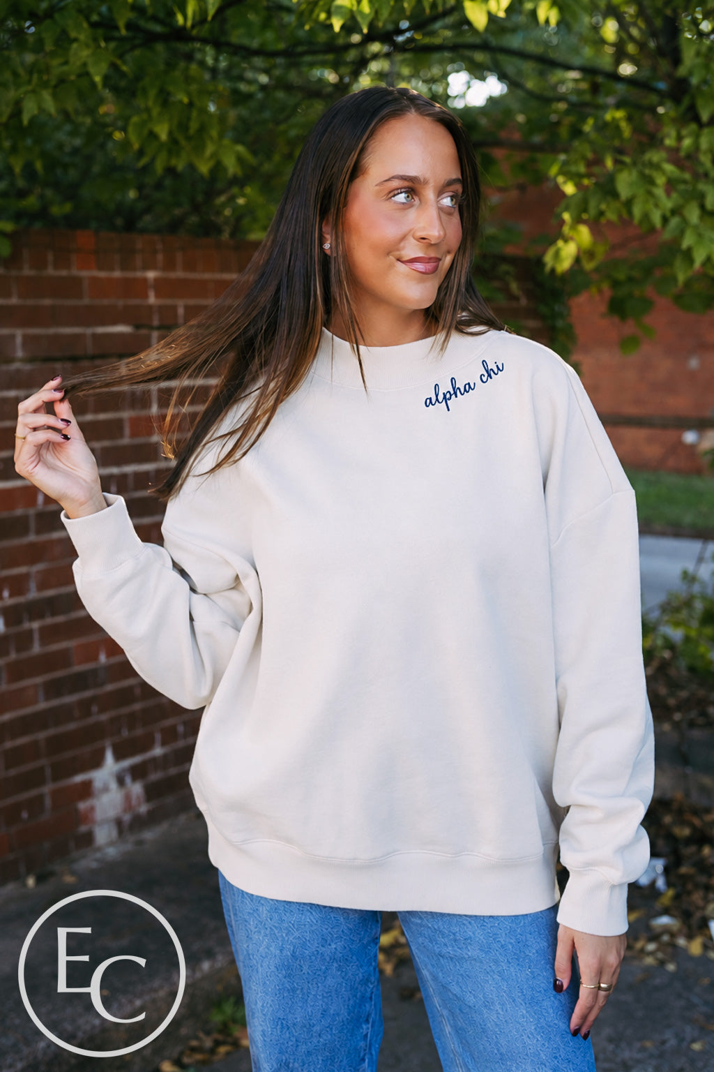 Alpha Chi Omega Navy Collar Embroidery Mockneck
