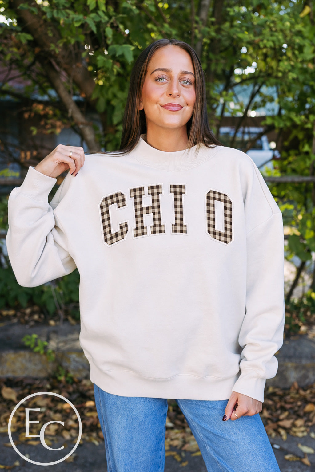 Chi Omega Brown Tan Gingham Applique Mockneck