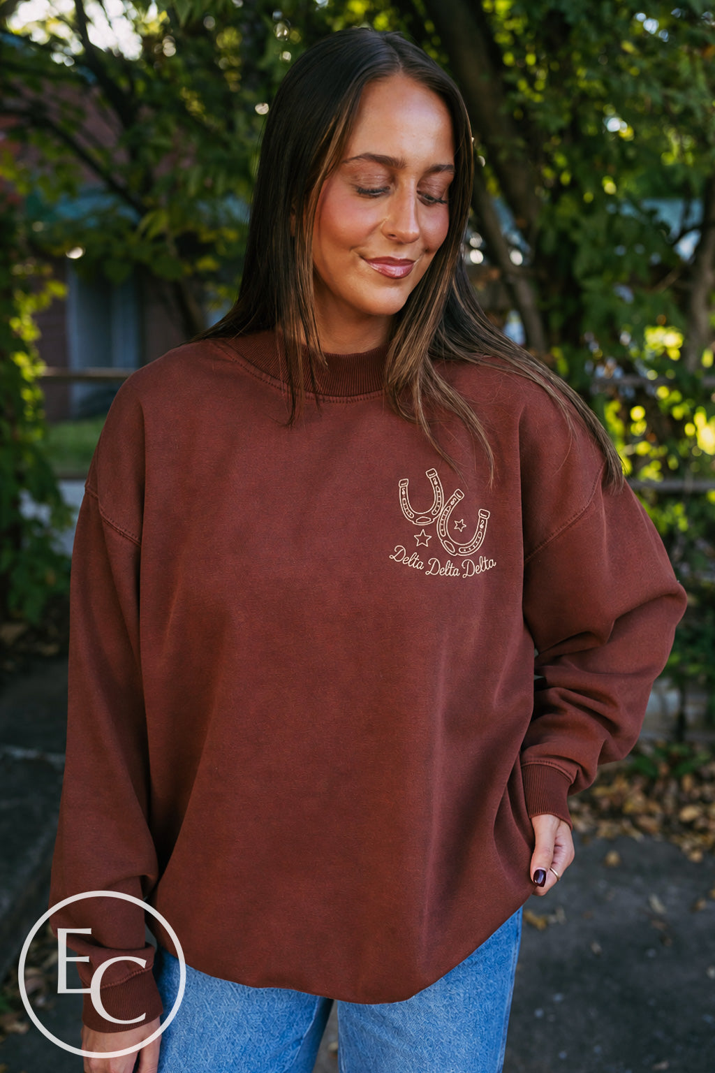Tri Delta Horseshoes Left Chest Screenprint Dark Maroon Mockneck