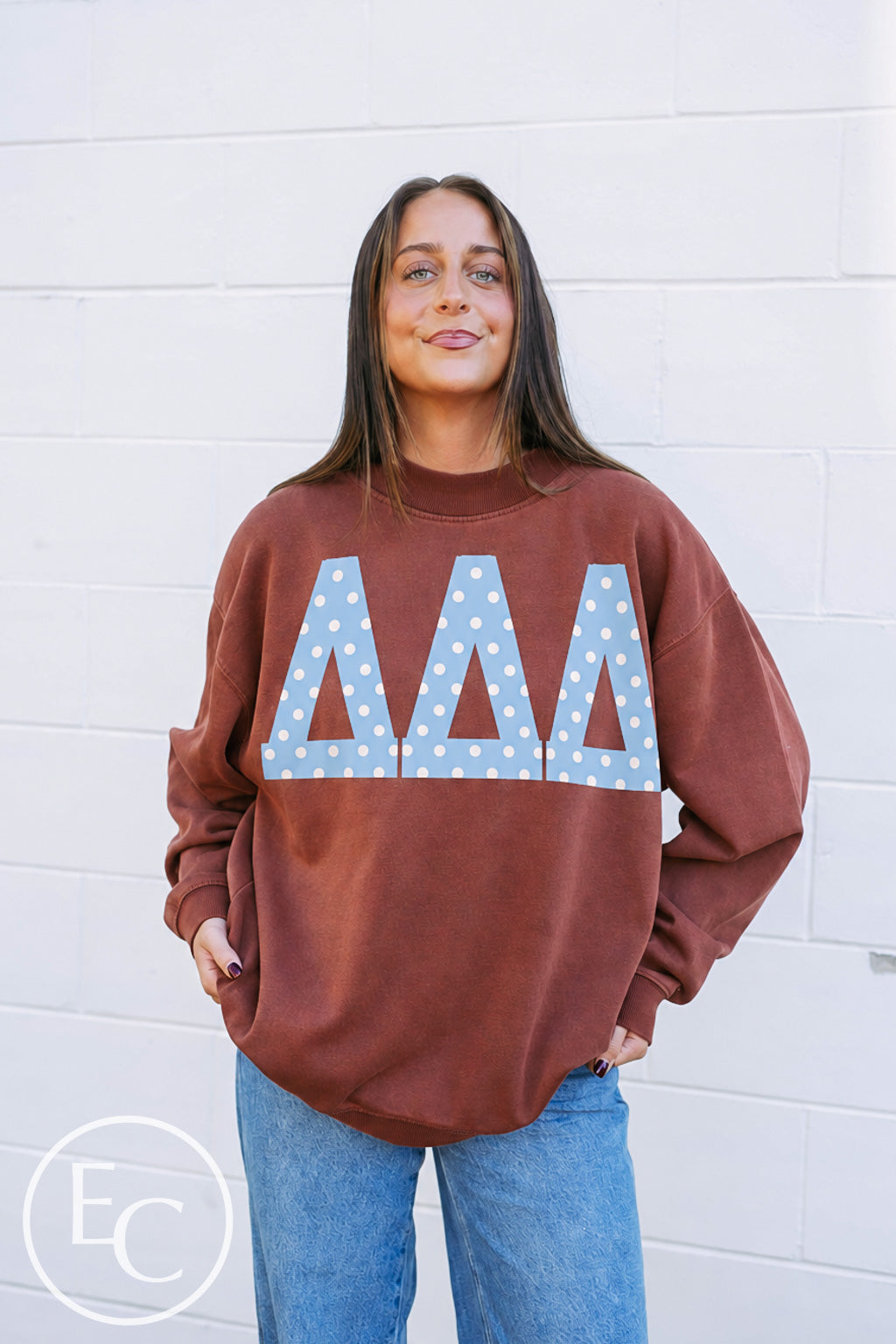 Tri Delta Polka Dot Screenprint Dark Maroon Mockneck